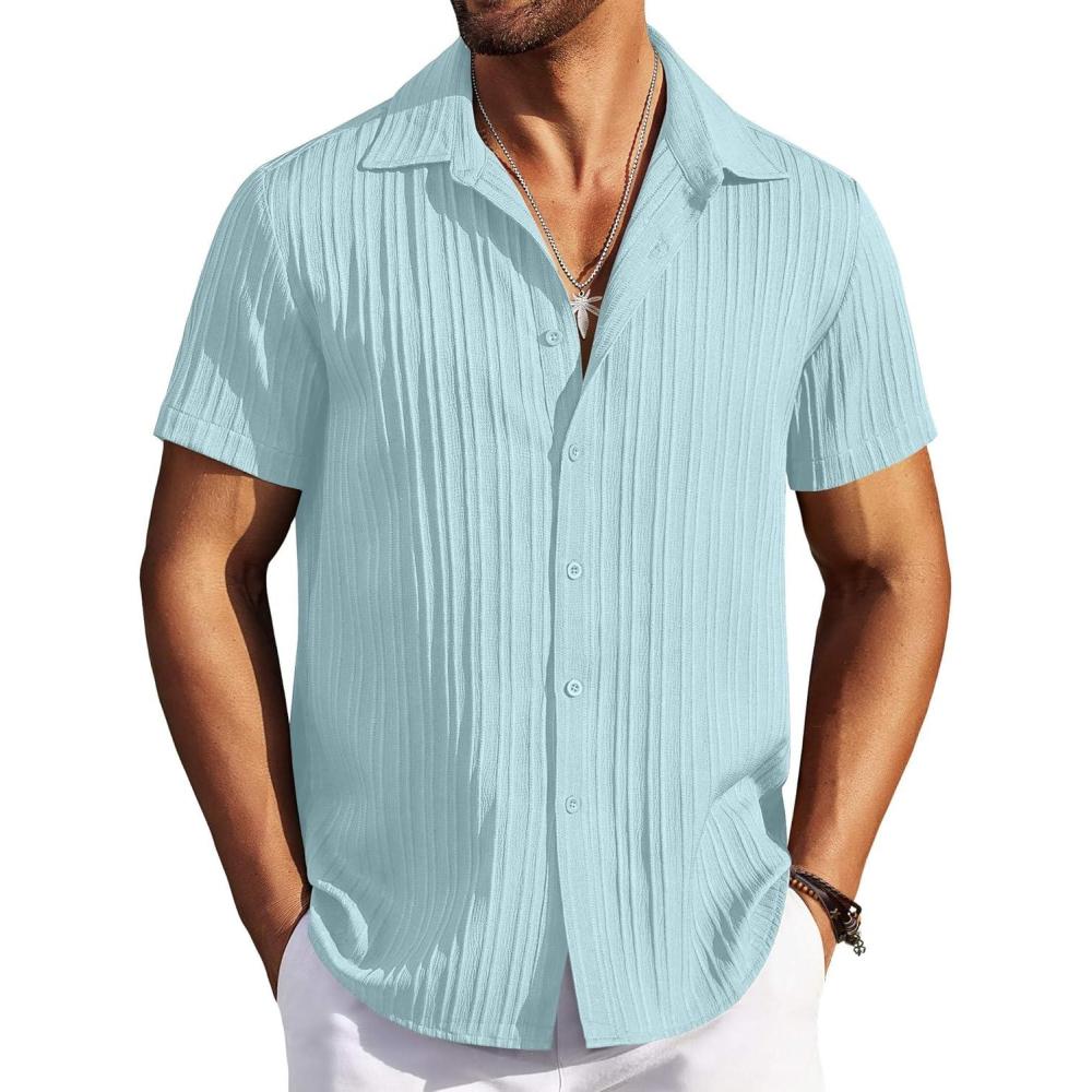 imageCOOFANDY Mens Casual Button Down Shirts Short Sleeve Textured Shirt Summer Beach Shirts for MenBaby Blue