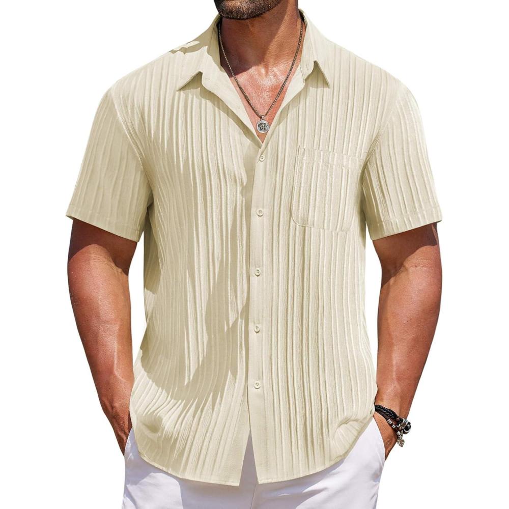 imageCOOFANDY Mens Casual Button Down Shirts Short Sleeve Textured Shirt Summer Beach Shirts for MenBeige
