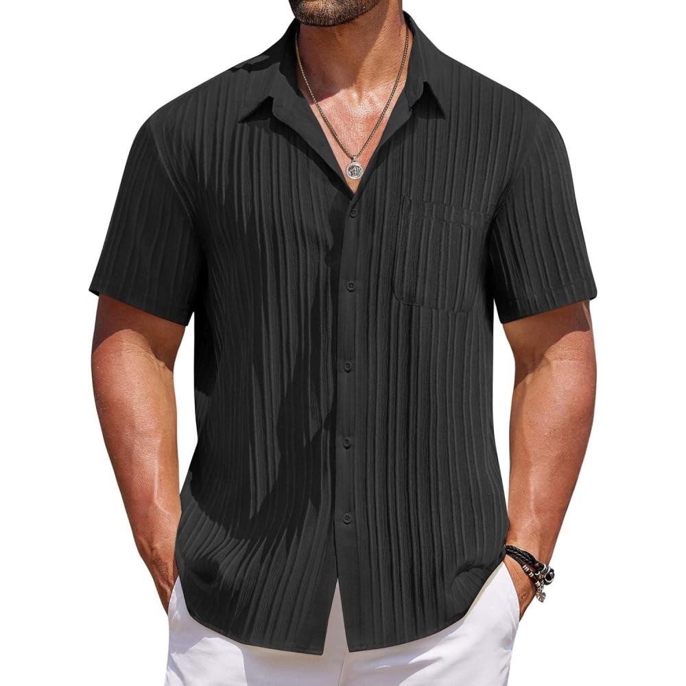 imageCOOFANDY Mens Casual Button Down Shirts Short Sleeve Textured Shirt Summer Beach Shirts for MenBlack