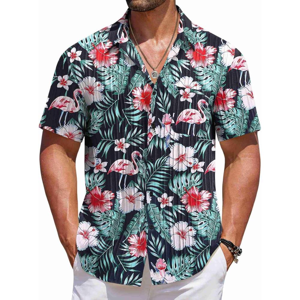imageCOOFANDY Mens Casual Button Down Shirts Short Sleeve Textured Shirt Summer Beach Shirts for MenBlackflowers