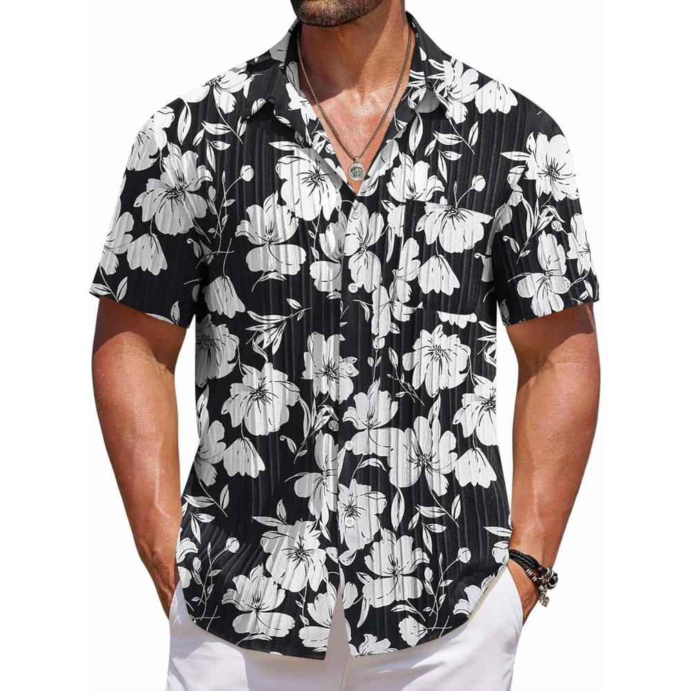 imageCOOFANDY Mens Casual Button Down Shirts Short Sleeve Textured Shirt Summer Beach Shirts for MenBlackwhite Floral