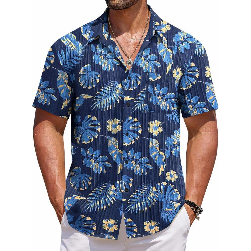 imageCOOFANDY Mens Casual Button Down Shirts Short Sleeve Textured Shirt Summer Beach Shirts for MenBlueyellow Leaves
