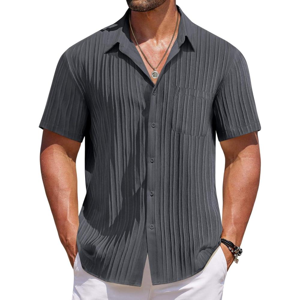 imageCOOFANDY Mens Casual Button Down Shirts Short Sleeve Textured Shirt Summer Beach Shirts for MenDark Grey