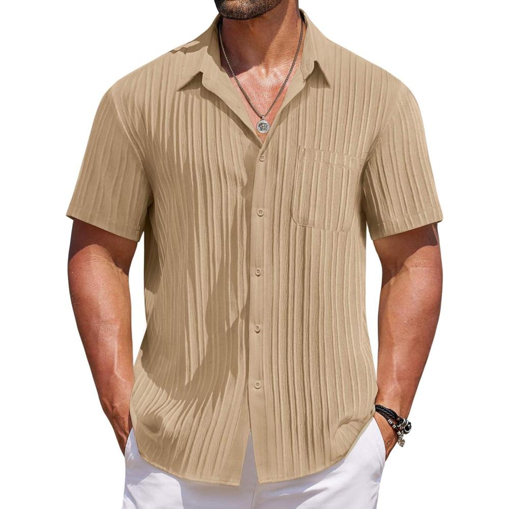 imageCOOFANDY Mens Casual Button Down Shirts Short Sleeve Textured Shirt Summer Beach Shirts for MenKahki