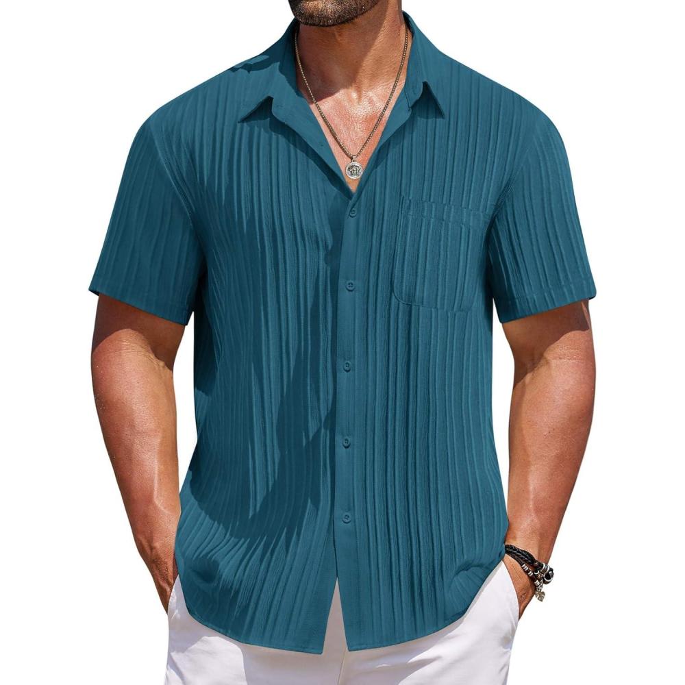 imageCOOFANDY Mens Casual Button Down Shirts Short Sleeve Textured Shirt Summer Beach Shirts for MenLake Green