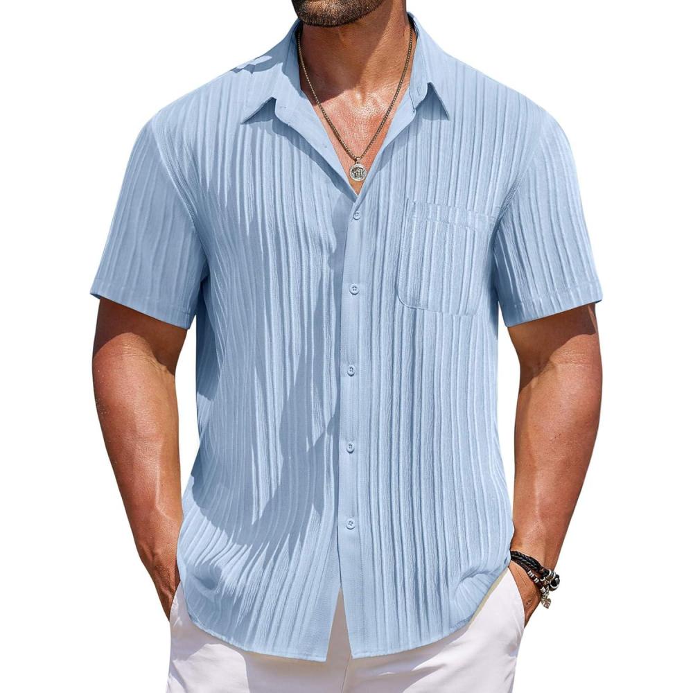 imageCOOFANDY Mens Casual Button Down Shirts Short Sleeve Textured Shirt Summer Beach Shirts for MenLight Blue