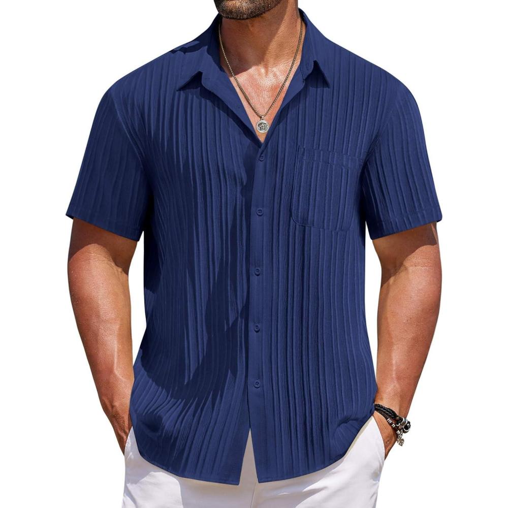 imageCOOFANDY Mens Casual Button Down Shirts Short Sleeve Textured Shirt Summer Beach Shirts for MenNavy Blue