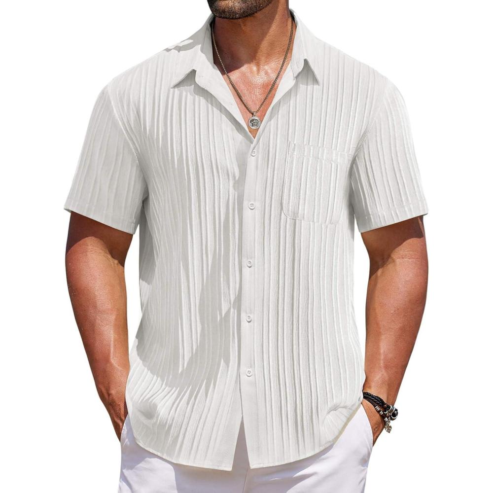 imageCOOFANDY Mens Casual Button Down Shirts Short Sleeve Textured Shirt Summer Beach Shirts for MenWhite