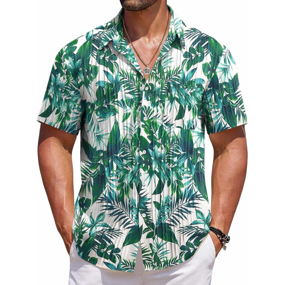 imageCOOFANDY Mens Casual Button Down Shirts Short Sleeve Textured Shirt Summer Beach Shirts for MenWhitegreen Leaves