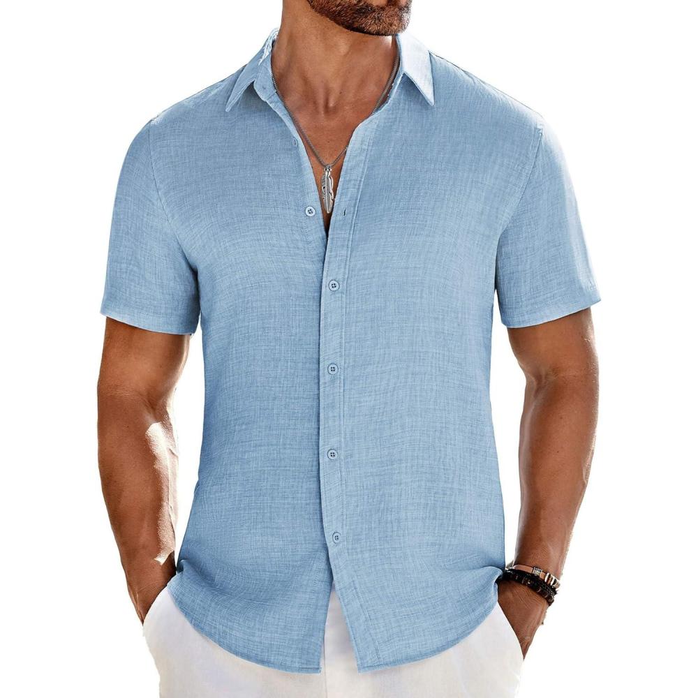 imageCOOFANDY Mens Casual Button Down Shirts Short Sleeve Textured Summer Beach ShirtBeau Blue