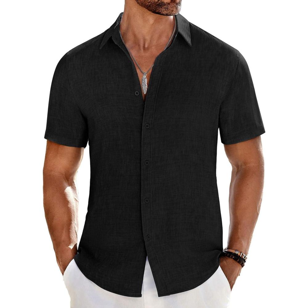 imageCOOFANDY Mens Casual Button Down Shirts Short Sleeve Textured Summer Beach ShirtBlack