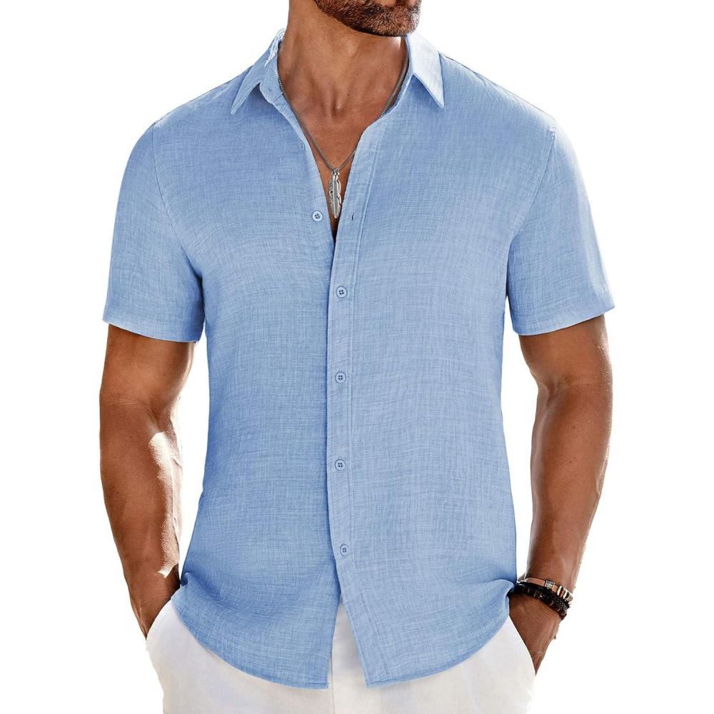 imageCOOFANDY Mens Casual Button Down Shirts Short Sleeve Textured Summer Beach ShirtClear Blue