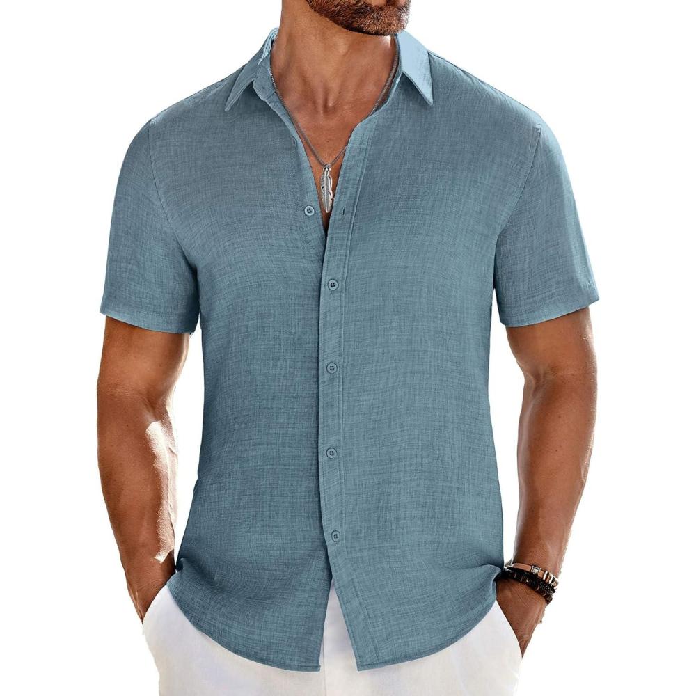 imageCOOFANDY Mens Casual Button Down Shirts Short Sleeve Textured Summer Beach ShirtDark Blue