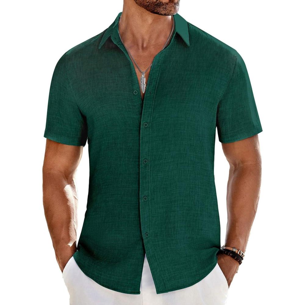 imageCOOFANDY Mens Casual Button Down Shirts Short Sleeve Textured Summer Beach ShirtDark Green