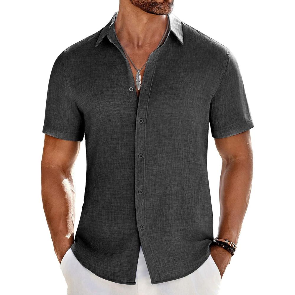 imageCOOFANDY Mens Casual Button Down Shirts Short Sleeve Textured Summer Beach ShirtDark Grey
