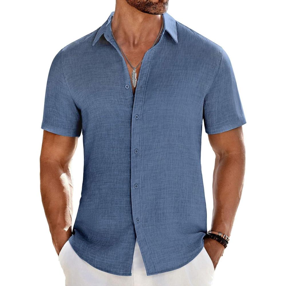 imageCOOFANDY Mens Casual Button Down Shirts Short Sleeve Textured Summer Beach ShirtDenim Blue