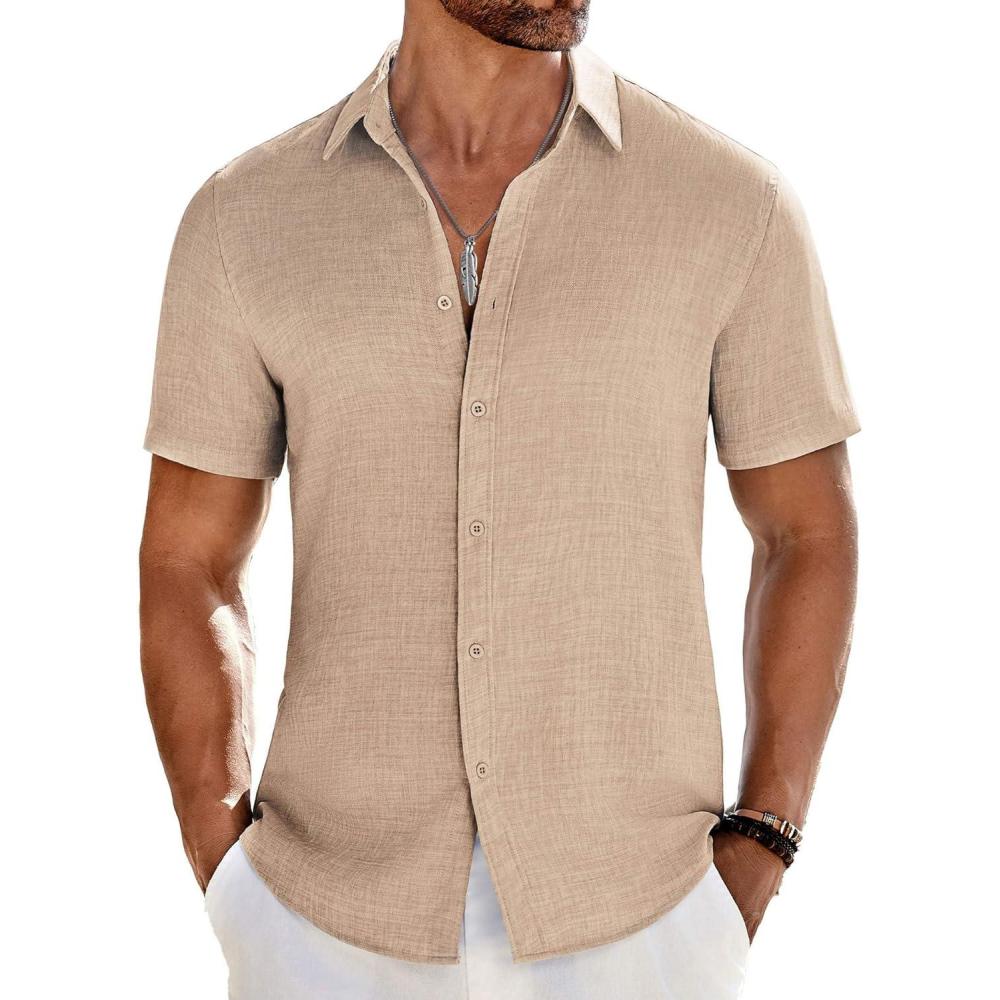 imageCOOFANDY Mens Casual Button Down Shirts Short Sleeve Textured Summer Beach ShirtKhaki