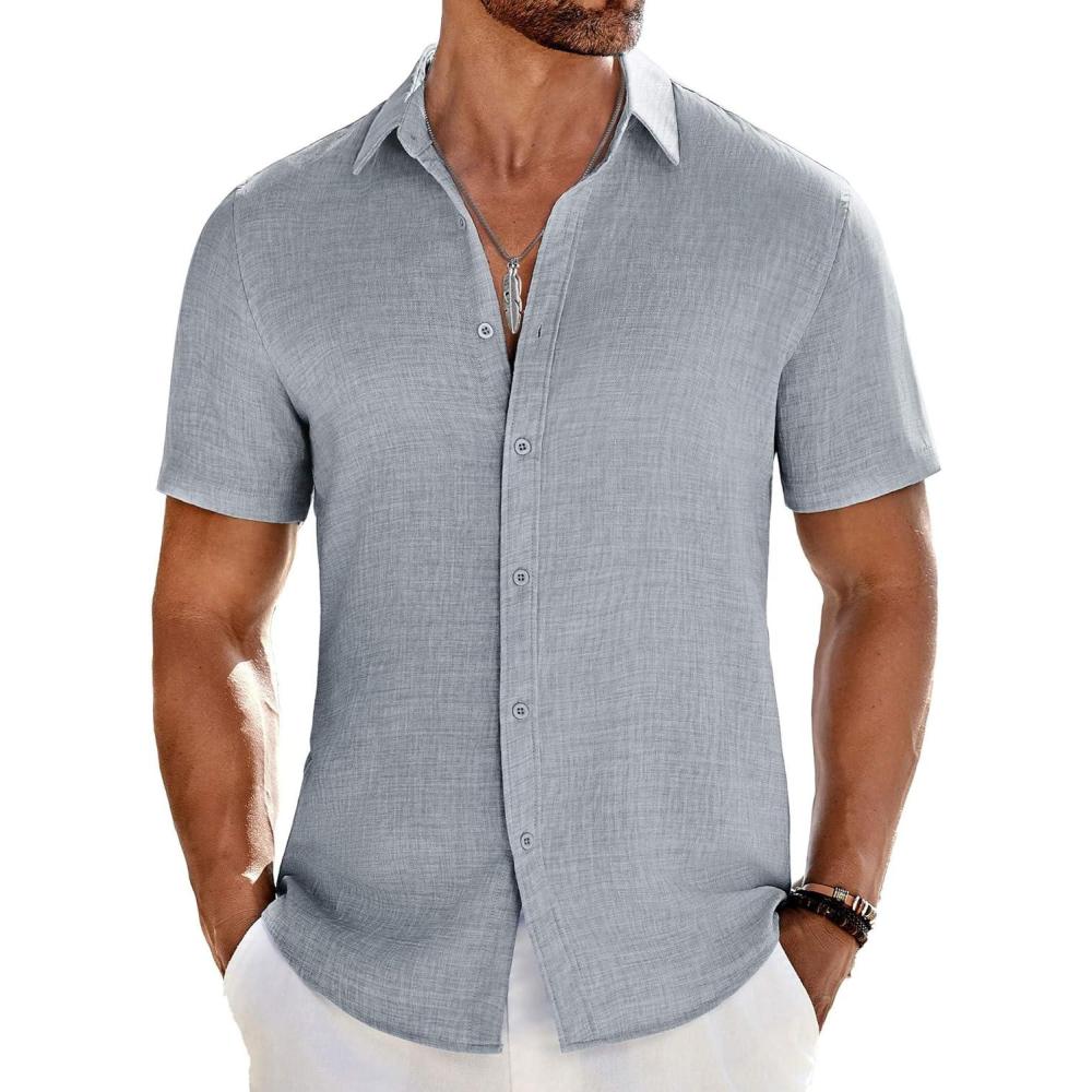 imageCOOFANDY Mens Casual Button Down Shirts Short Sleeve Textured Summer Beach ShirtLight Grey