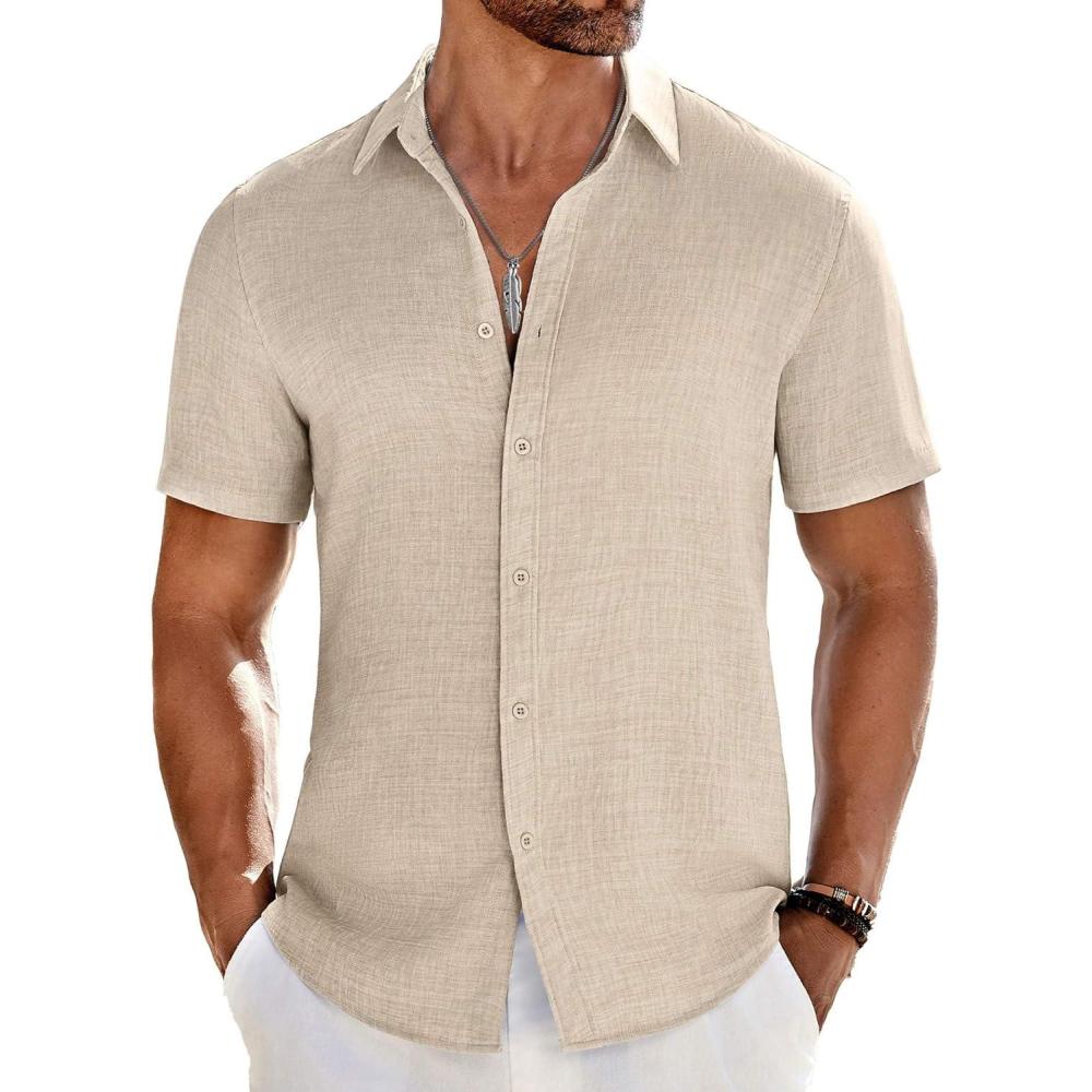 imageCOOFANDY Mens Casual Button Down Shirts Short Sleeve Textured Summer Beach ShirtLight Khaki