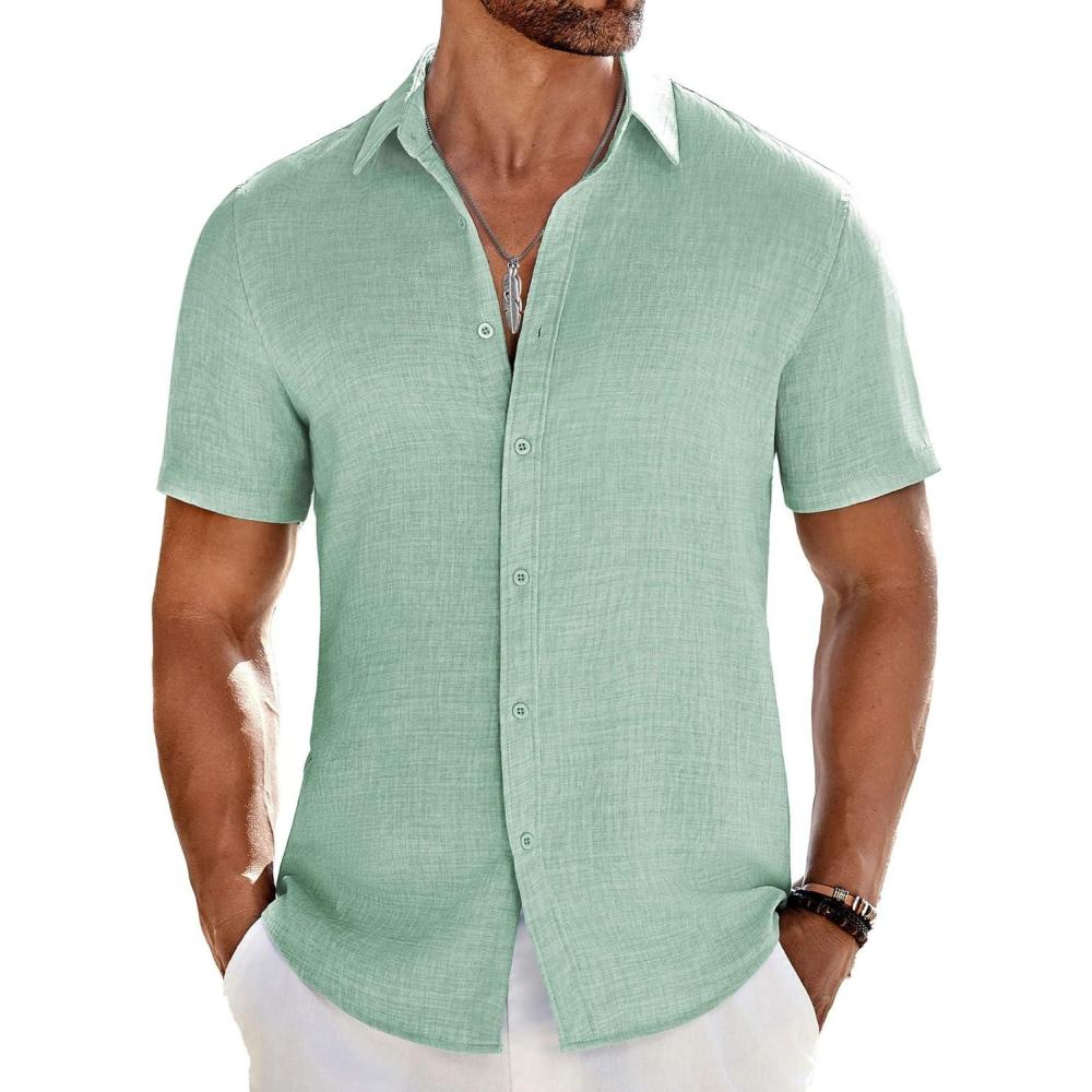imageCOOFANDY Mens Casual Button Down Shirts Short Sleeve Textured Summer Beach ShirtMint Green