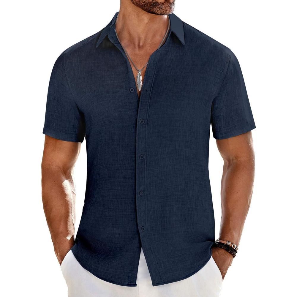 imageCOOFANDY Mens Casual Button Down Shirts Short Sleeve Textured Summer Beach ShirtNavy Blue