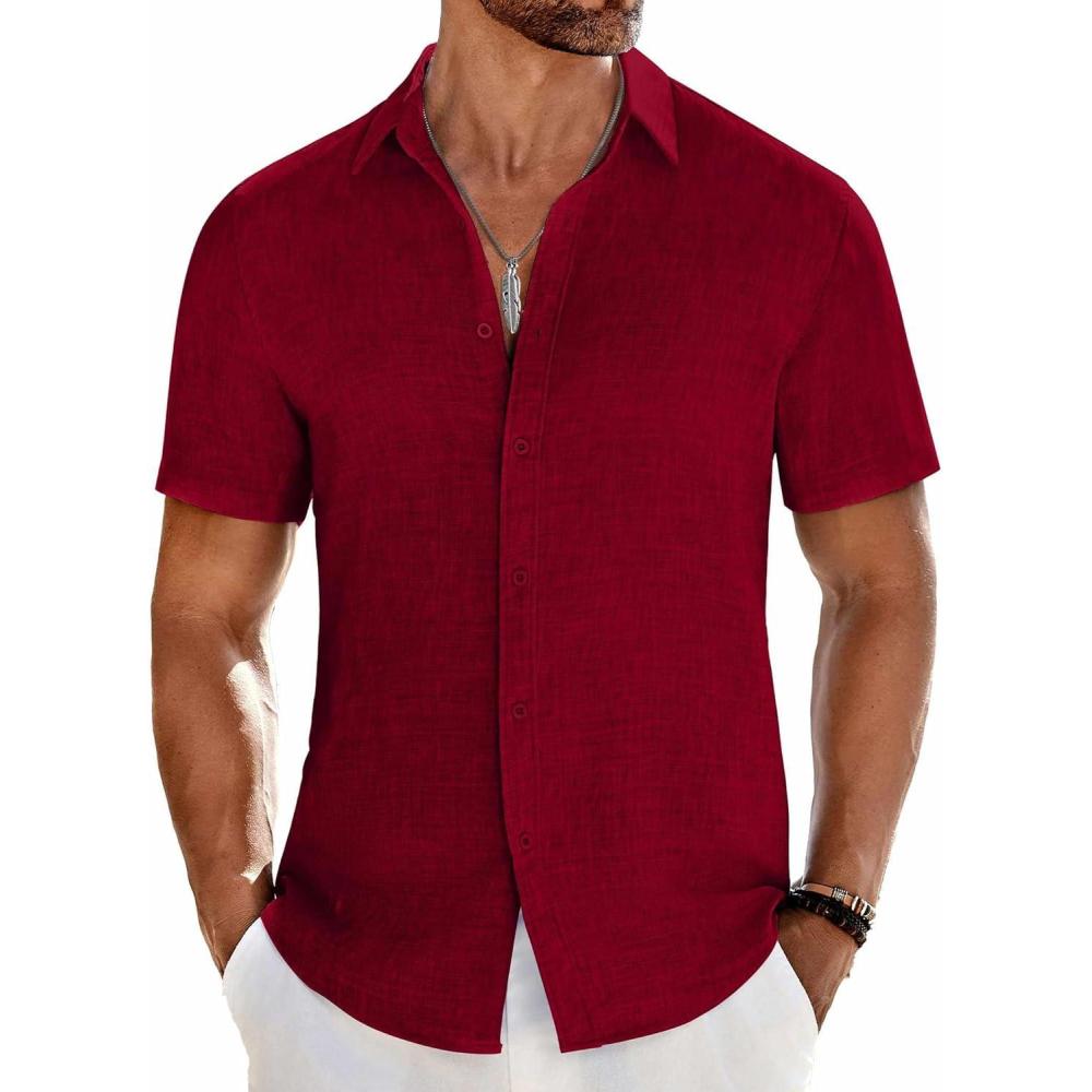 imageCOOFANDY Mens Casual Button Down Shirts Short Sleeve Textured Summer Beach ShirtRed