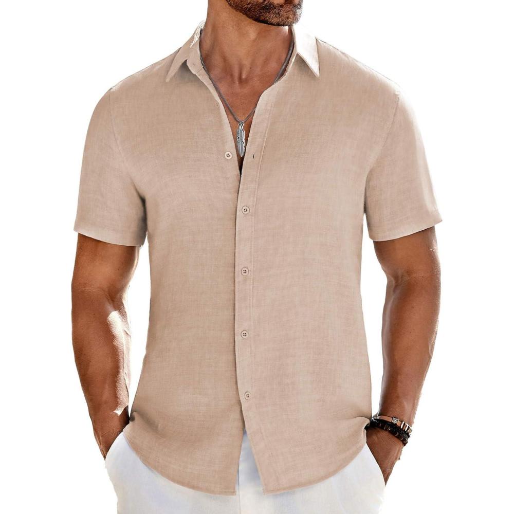 imageCOOFANDY Mens Casual Button Down Shirts Short Sleeve Textured Summer Beach ShirtStone