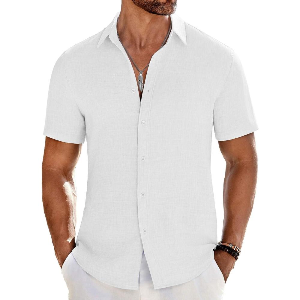 imageCOOFANDY Mens Casual Button Down Shirts Short Sleeve Textured Summer Beach ShirtWhite
