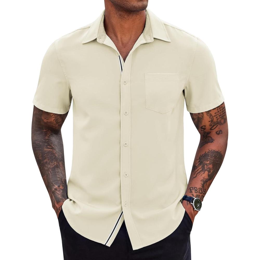 imageCOOFANDY Mens Casual Button Down Shirts Stretch Short Sleeve Business Dress Shirt with PocketBeige