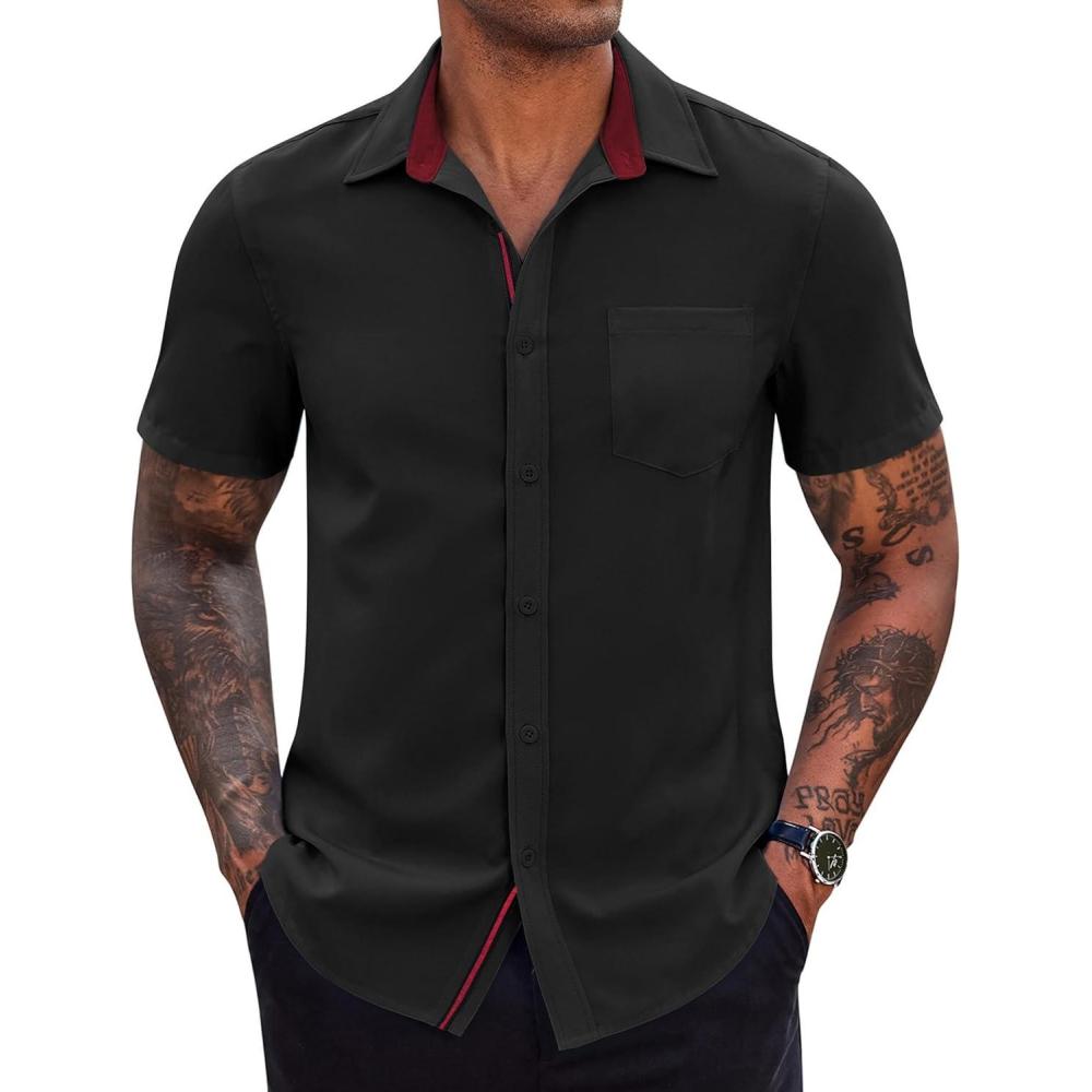 imageCOOFANDY Mens Casual Button Down Shirts Stretch Short Sleeve Business Dress Shirt with PocketBlack