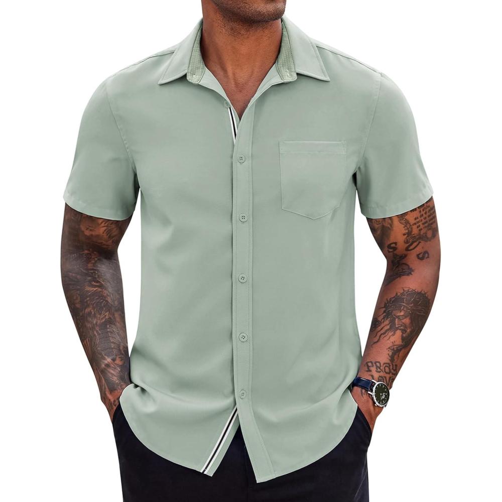imageCOOFANDY Mens Casual Button Down Shirts Stretch Short Sleeve Business Dress Shirt with PocketLight Green
