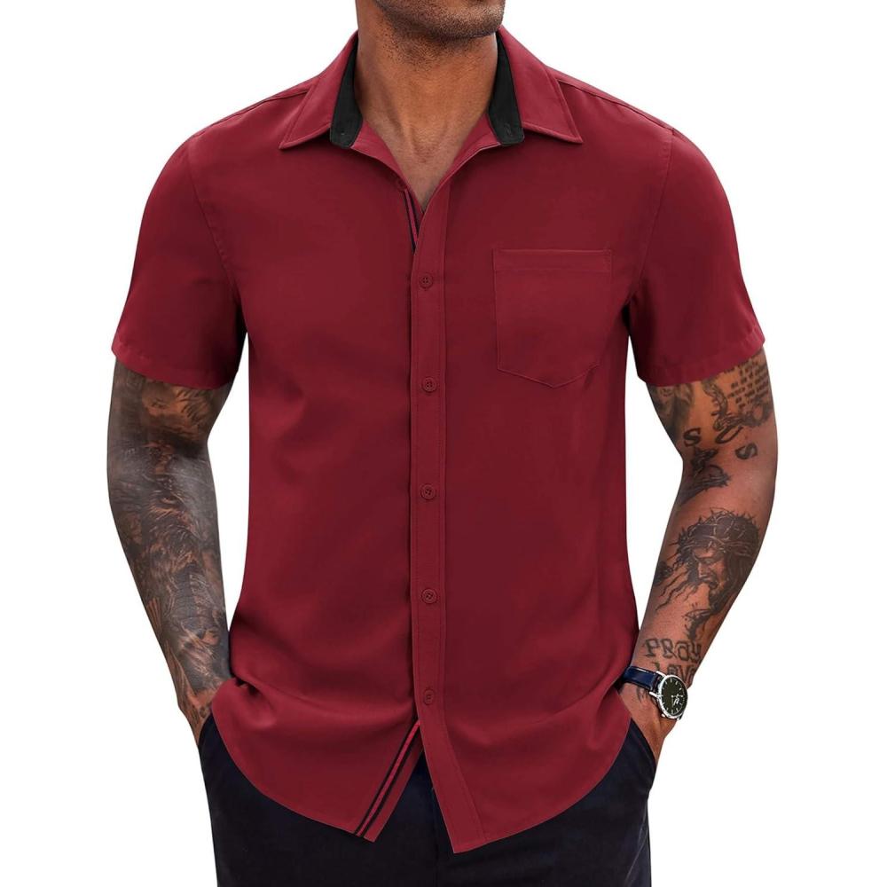 imageCOOFANDY Mens Casual Button Down Shirts Stretch Short Sleeve Business Dress Shirt with PocketWine Red