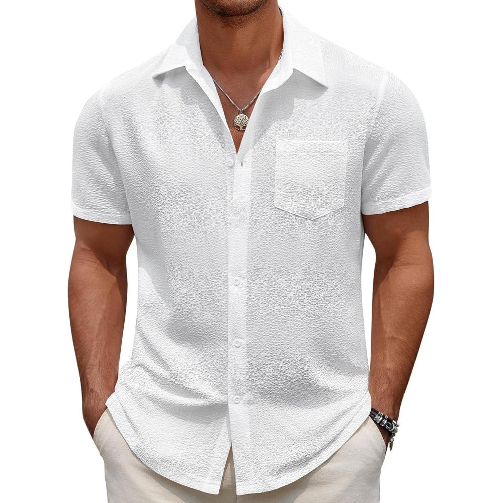 imageCOOFANDY Mens Casual Button Down Short Sleeve Shirt Textured Summer Beach Vacation ShirtAwhite