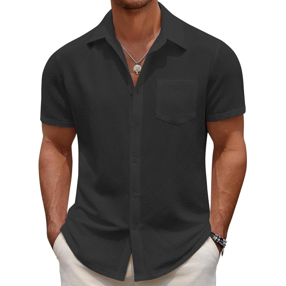 imageCOOFANDY Mens Casual Button Down Short Sleeve Shirt Textured Summer Beach Vacation ShirtBlack