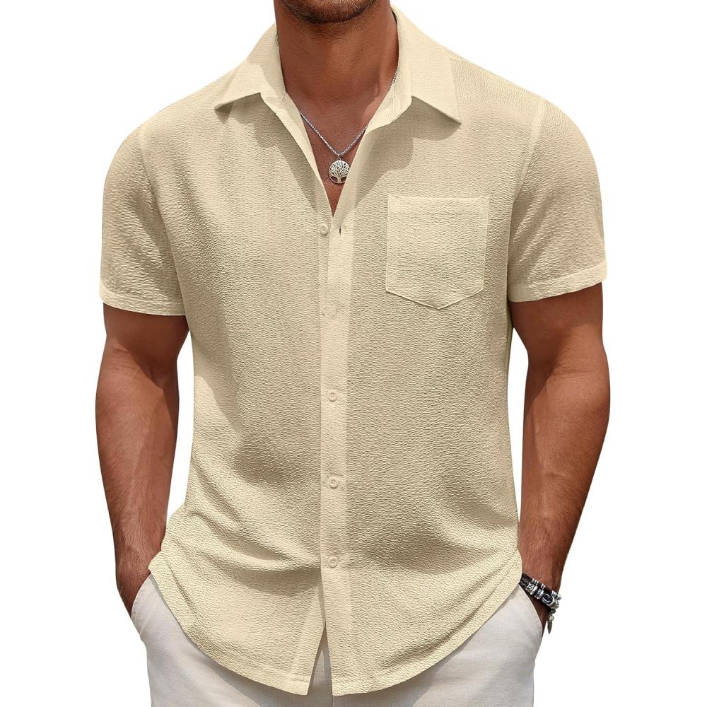 imageCOOFANDY Mens Casual Button Down Short Sleeve Shirt Textured Summer Beach Vacation ShirtChampagne
