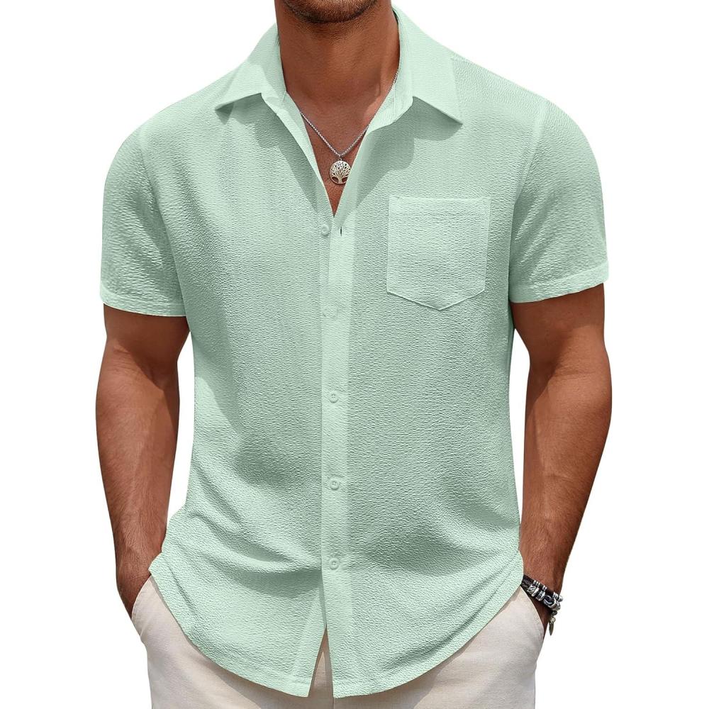 imageCOOFANDY Mens Casual Button Down Short Sleeve Shirt Textured Summer Beach Vacation ShirtIce Green