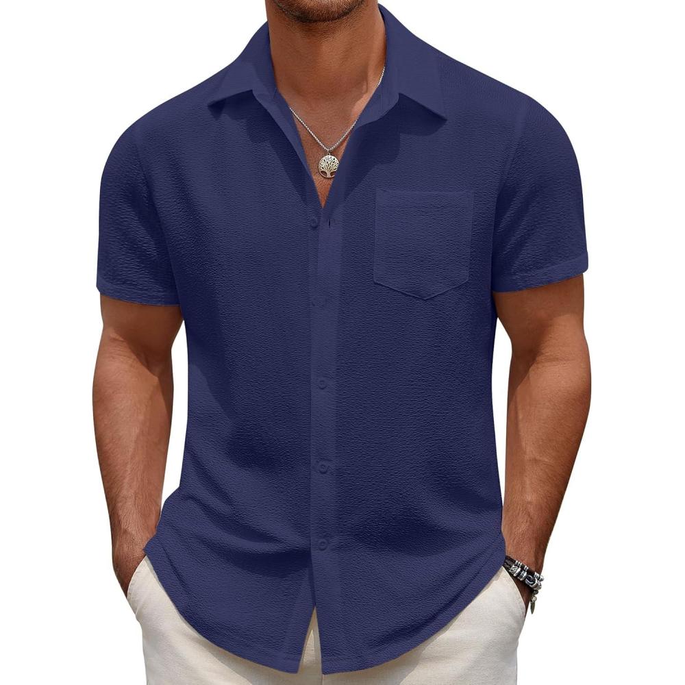imageCOOFANDY Mens Casual Button Down Short Sleeve Shirt Textured Summer Beach Vacation ShirtNavy Blue