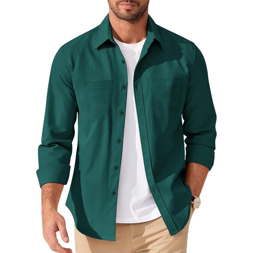imageCOOFANDY Mens Casual Button Down Work Shirts Untucked Long Sleeve Woven Shirt with PocketsGreen