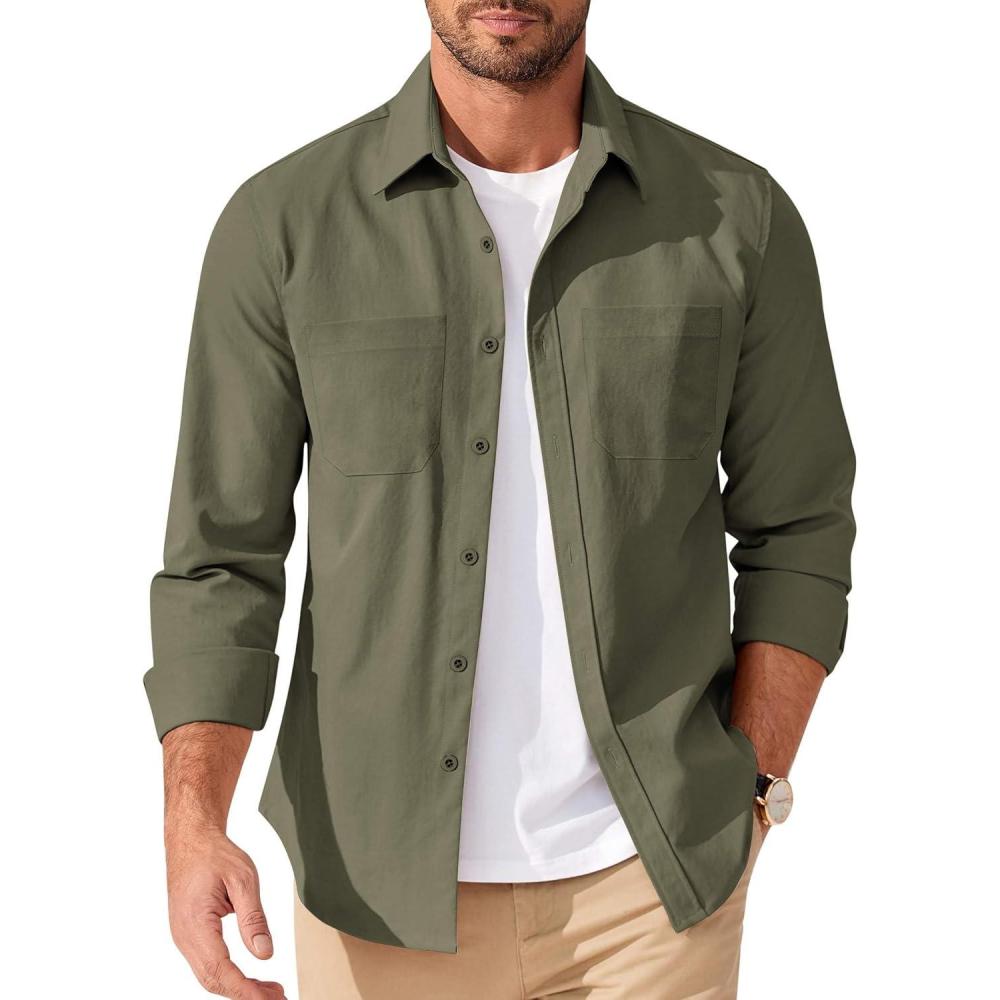 imageCOOFANDY Mens Casual Button Down Work Shirts Untucked Long Sleeve Woven Shirt with PocketsOlive Green