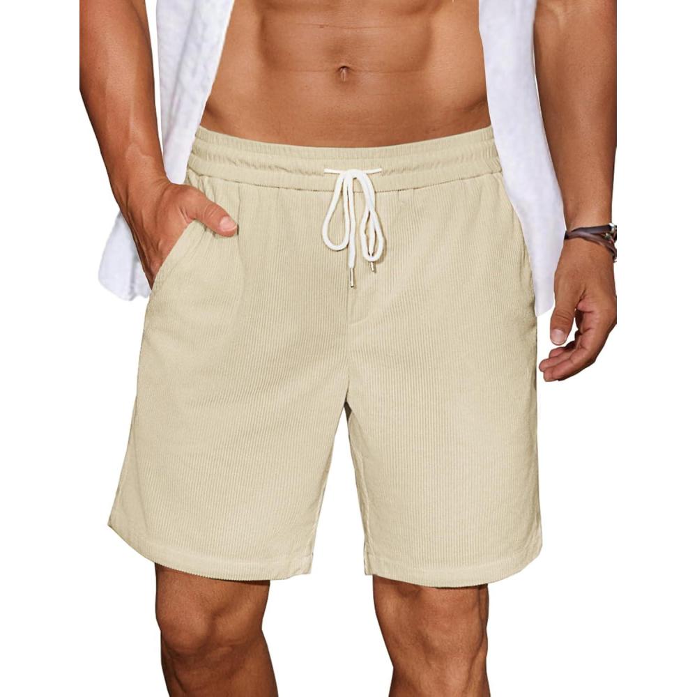 imageCOOFANDY Mens Casual Corduroy Shorts With Elastic Waist Drawstring Lightweight Summer Beach Shorts With PocketsBeige
