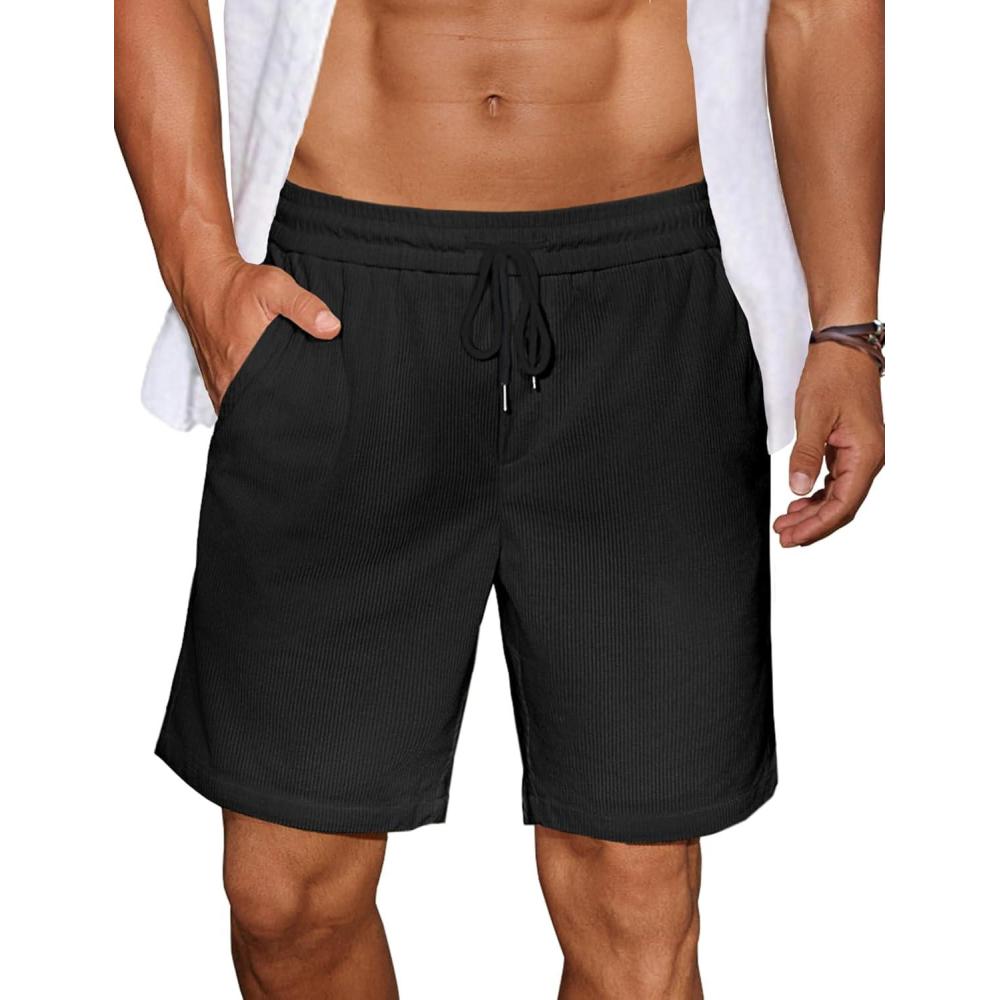 imageCOOFANDY Mens Casual Corduroy Shorts With Elastic Waist Drawstring Lightweight Summer Beach Shorts With PocketsBlack