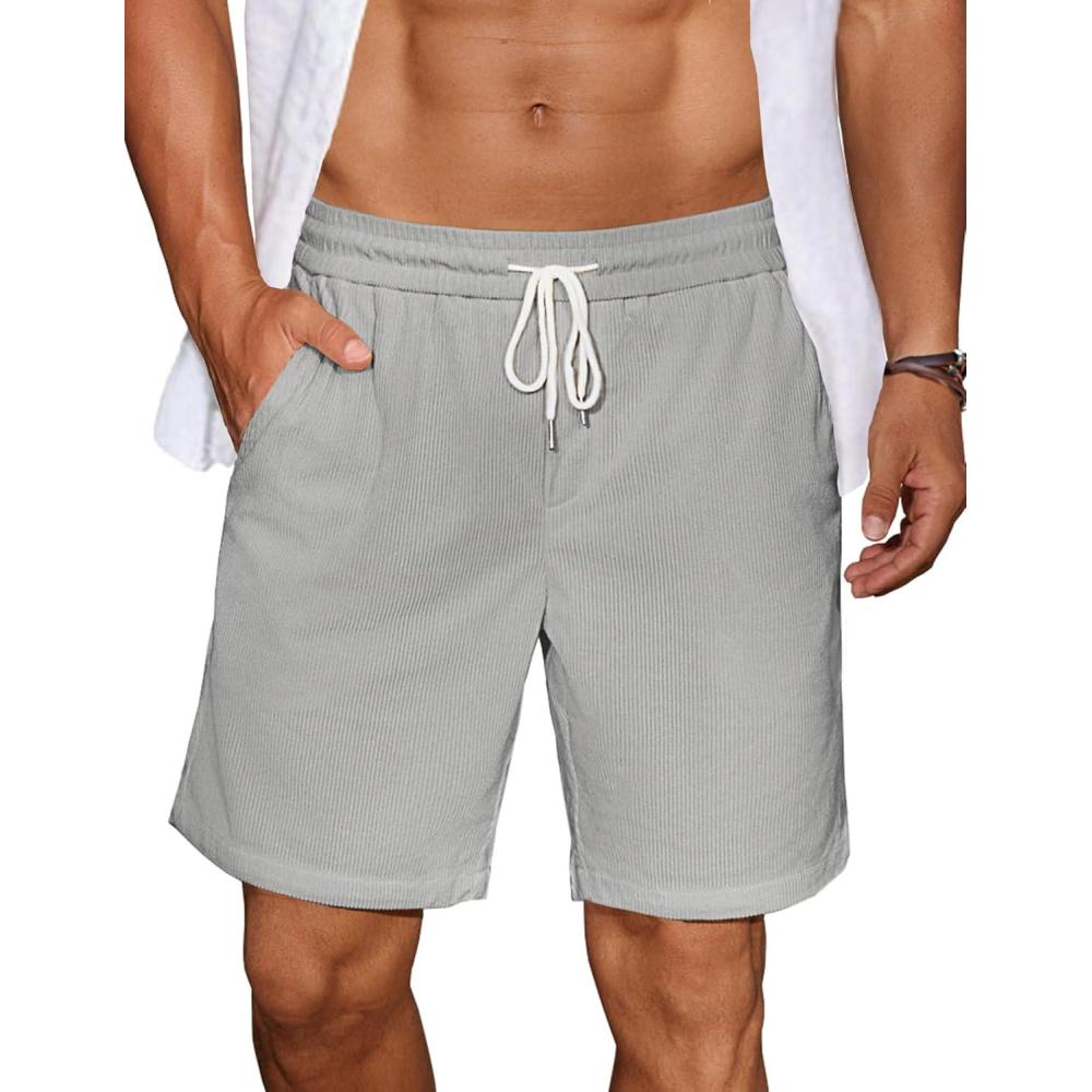 imageCOOFANDY Mens Casual Corduroy Shorts With Elastic Waist Drawstring Lightweight Summer Beach Shorts With PocketsLight Grey