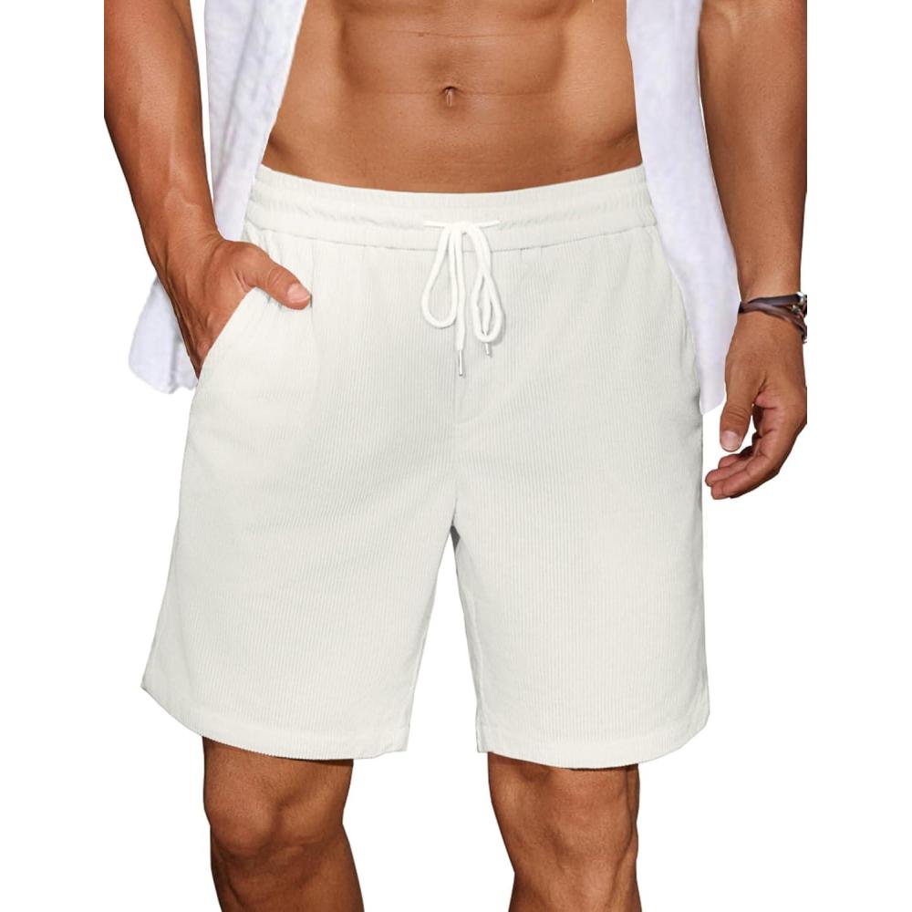 imageCOOFANDY Mens Casual Corduroy Shorts With Elastic Waist Drawstring Lightweight Summer Beach Shorts With PocketsWhite
