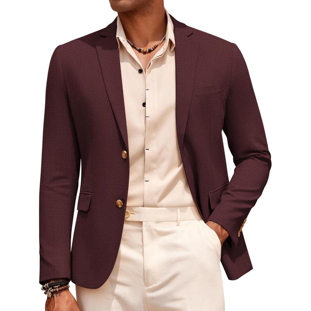imageCOOFANDY Mens Casual Cotton Linen Blazer Lightweight Linen Sport Coat Two Button Suit JacketDark Red