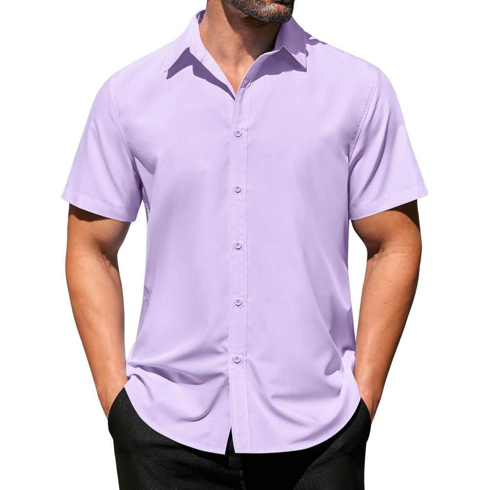 imageCOOFANDY Mens Casual Dress Shirts Short Sleeve Wrinkle Free Casual Button Down ShirtsLight Purple