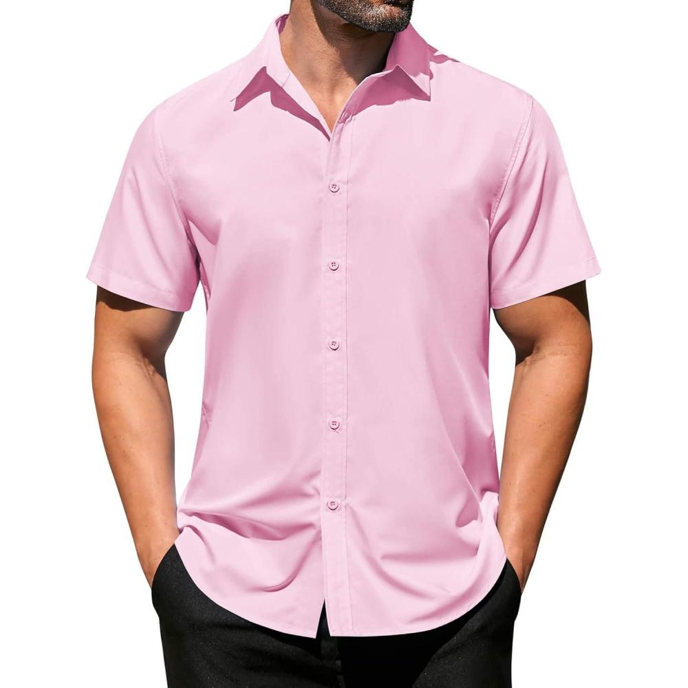 imageCOOFANDY Mens Casual Dress Shirts Short Sleeve Wrinkle Free Casual Button Down ShirtsPink