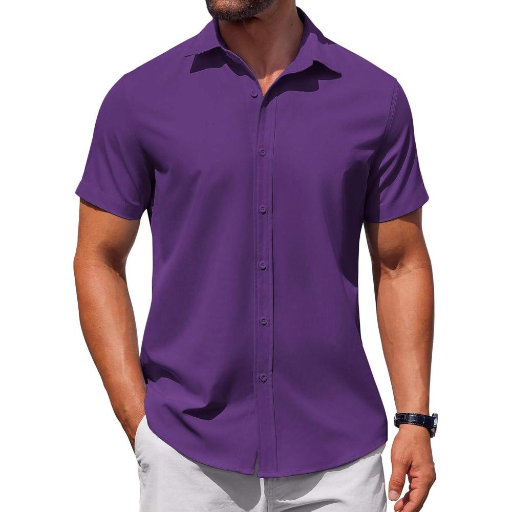 imageCOOFANDY Mens Casual Dress Shirts Short Sleeve Wrinkle Free Casual Button Down ShirtsViolet