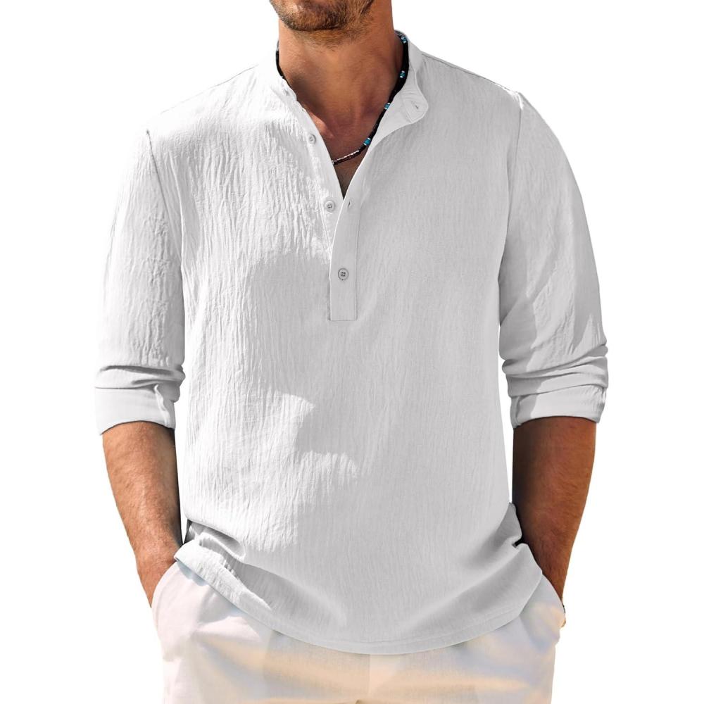 imageCOOFANDY Mens Casual Henley Shirt Band Collar Long Sleeve Shirt Beach Hippie Summer Button T ShirtWhite