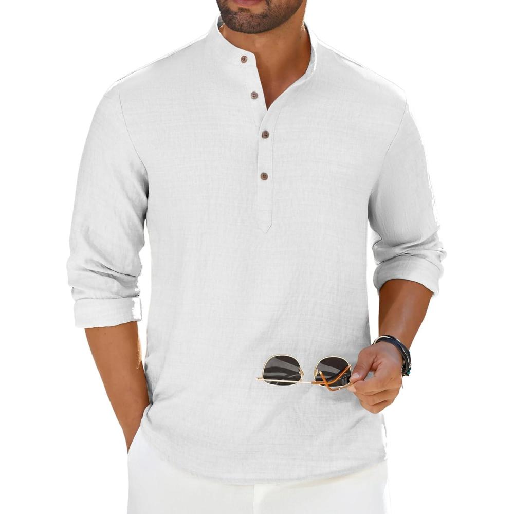 imageCOOFANDY Mens Casual Henley Shirt Long Sleeve Band Collar Shirts Summer Beach Hippie Button TShirtsAwhite
