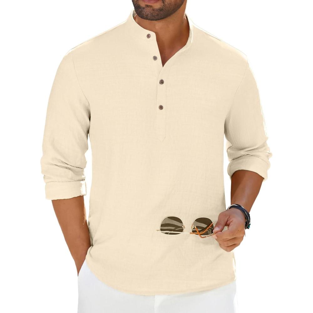 imageCOOFANDY Mens Casual Henley Shirt Long Sleeve Band Collar Shirts Summer Beach Hippie Button TShirtsBeige